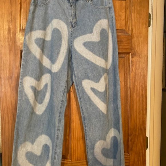 Shein Denim - Shein Heart  print Jeans size large wide leg